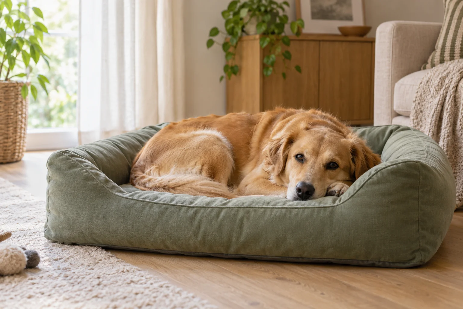 A golden retriever relaxing in a comfortable home